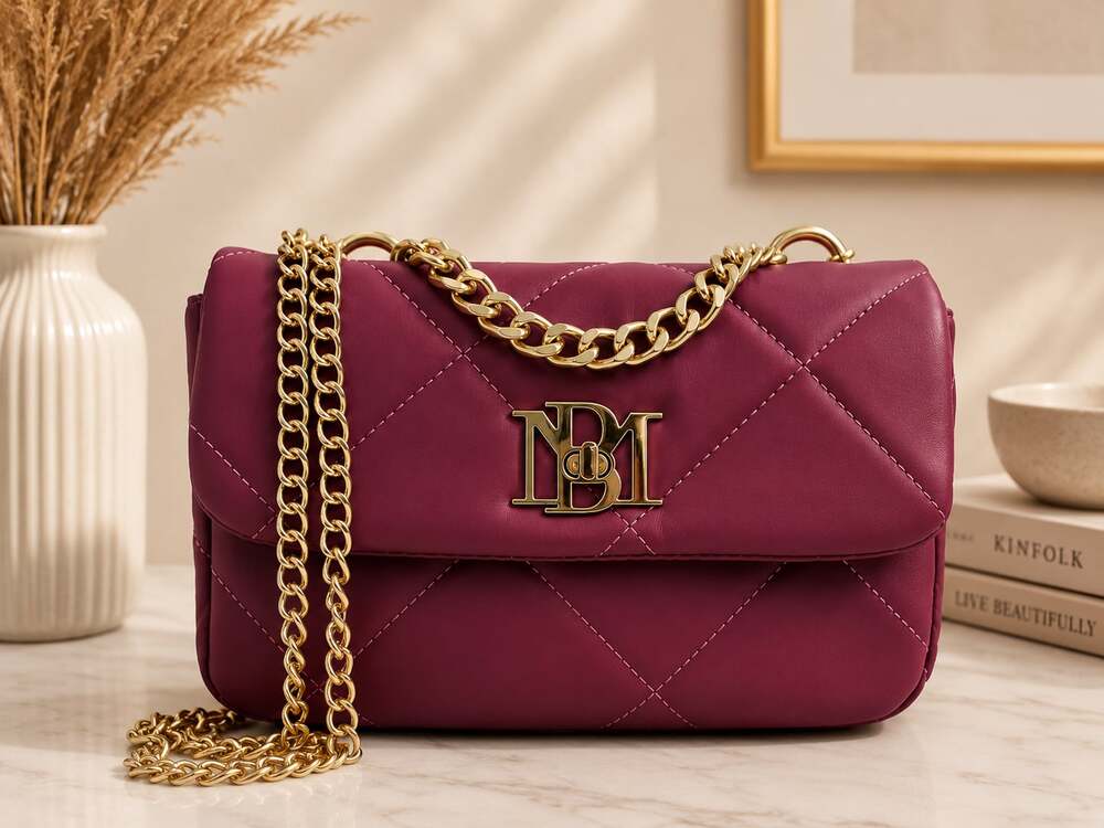 Badgley Mischka Quilted Burgundy Chain Strap Crossbody Bag